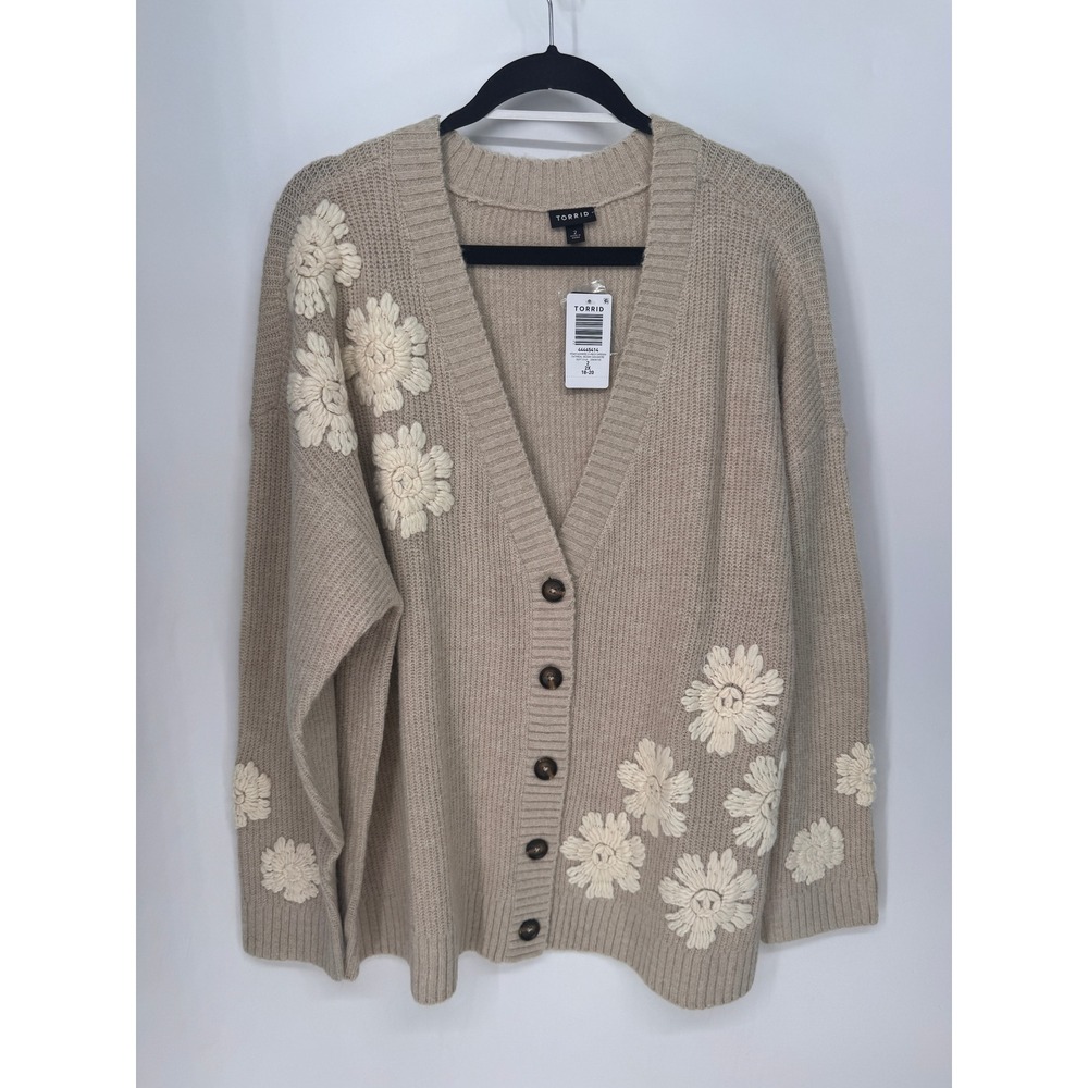 Torrid Cardigan Women 2X Oatmeal NWT Vegan Cashmere Floral Embroidered V-Neck